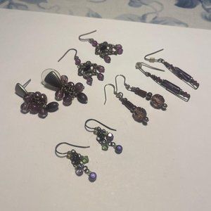 Women’s Lot Of 5 Dangle Costume Earrings Pierced Beaded Purple / Pink Mix